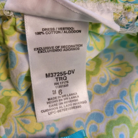Bonnie Jean 100% Cotton Green Blue Floral Print Sleeveless Dress w/ Bow Girls 6 - Picture 7 of 7